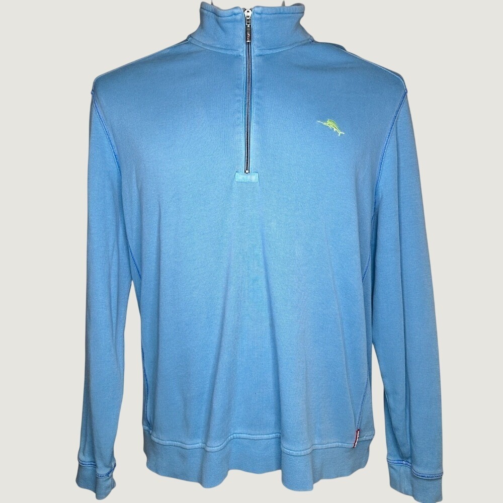 Tommy Bahama Relax Mens XXL Light Blue 1/4 Zip Pullover Cotton Ribbed Sweater